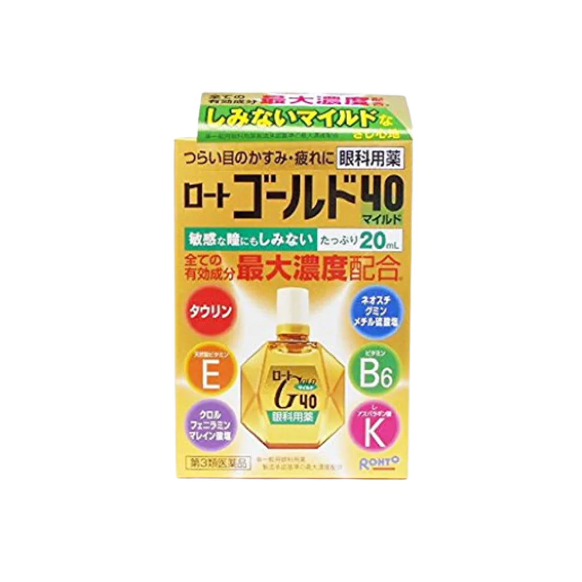 ROHTO GOLD 40, 20 ml Вітамінізовані краплі для очей з хондроїтином, вітамінами Е, B6 та таурином (м'які)